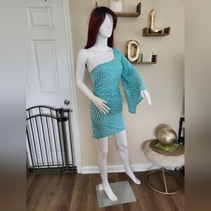 Teal Polka Dot One-Shoulder Dress